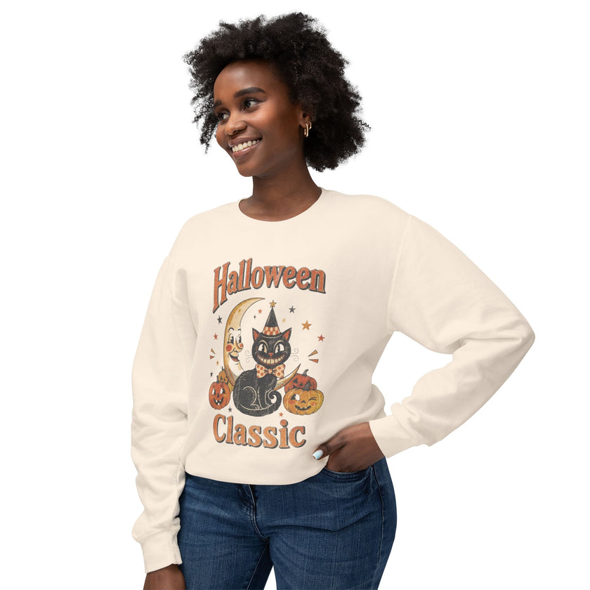 Vintage Halloween Cat Crewneck Sweatshirt | Retro Moon, Pumpkins, Witch Hat