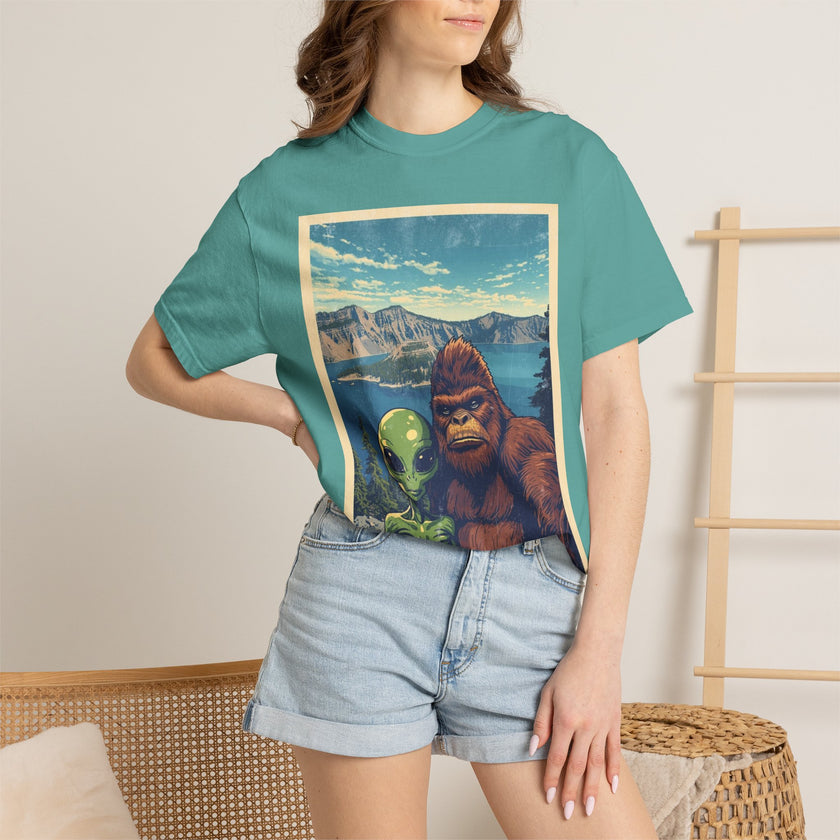 Crater Lake Alien & Bigfoot T-Shirt — National Park Adventure Tee