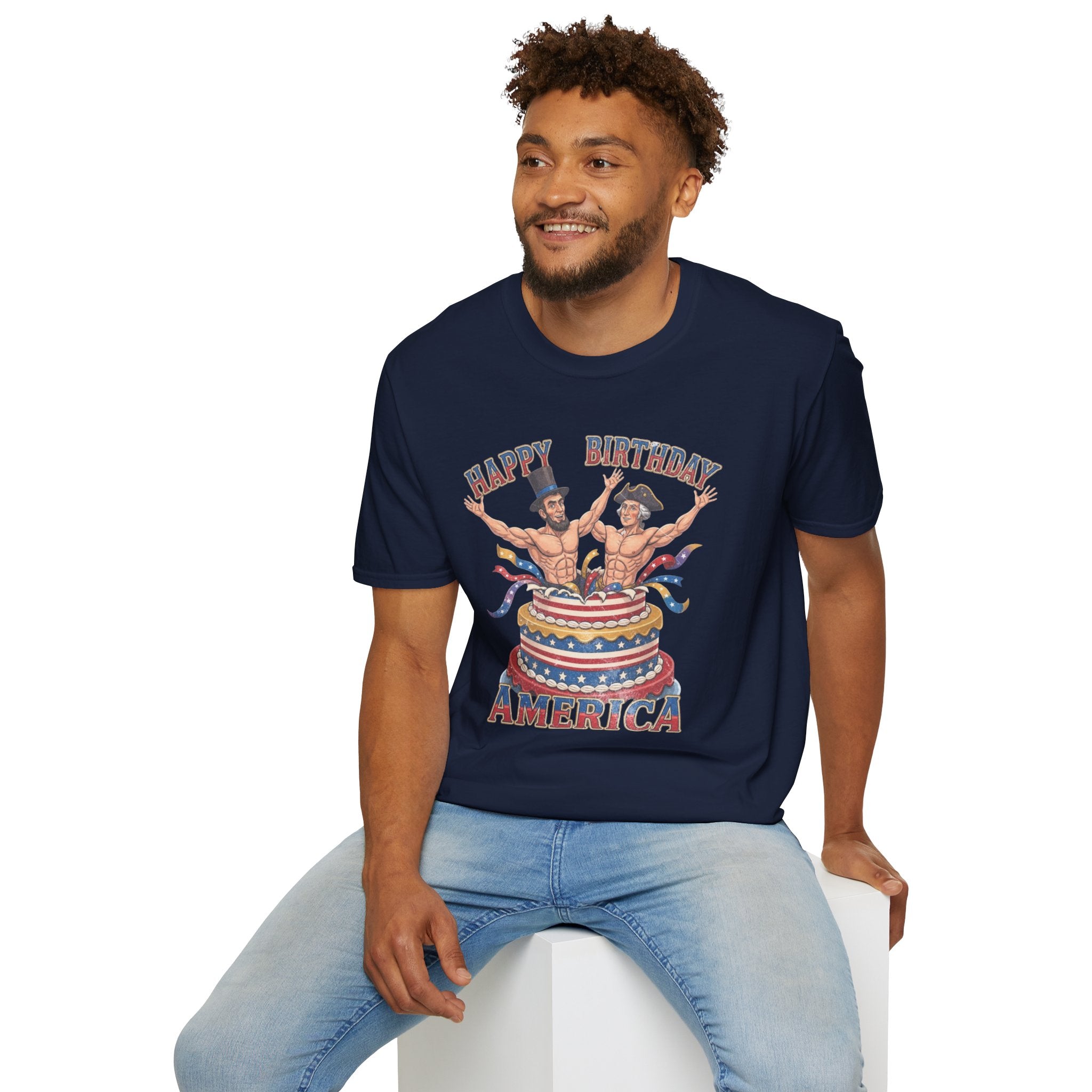 Buff Abraham Lincoln and George Washington Jumping Out of Birthday Cake T-Shirt | 4th of July Patriotic