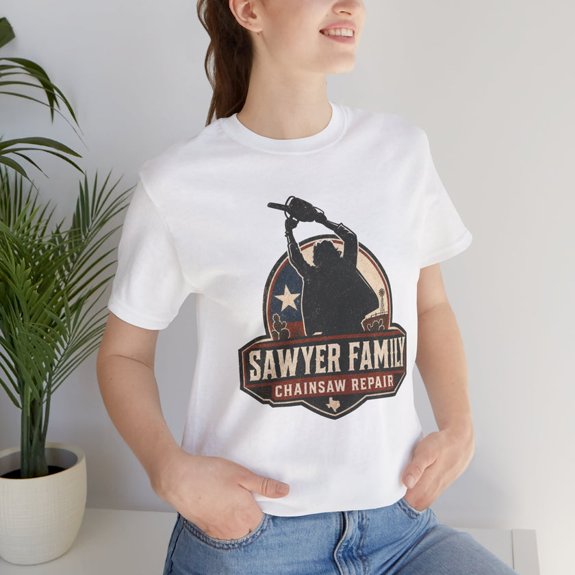 Sawyer Family Chainsaw Repair Graphic Tee — Vintage Horror Movie Logo T-Shirt