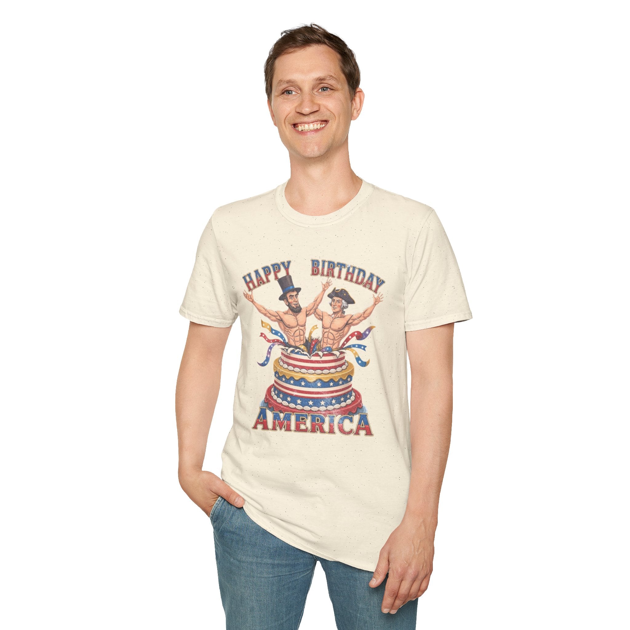 Buff Abraham Lincoln and George Washington Jumping Out of Birthday Cake T-Shirt | 4th of July Patriotic