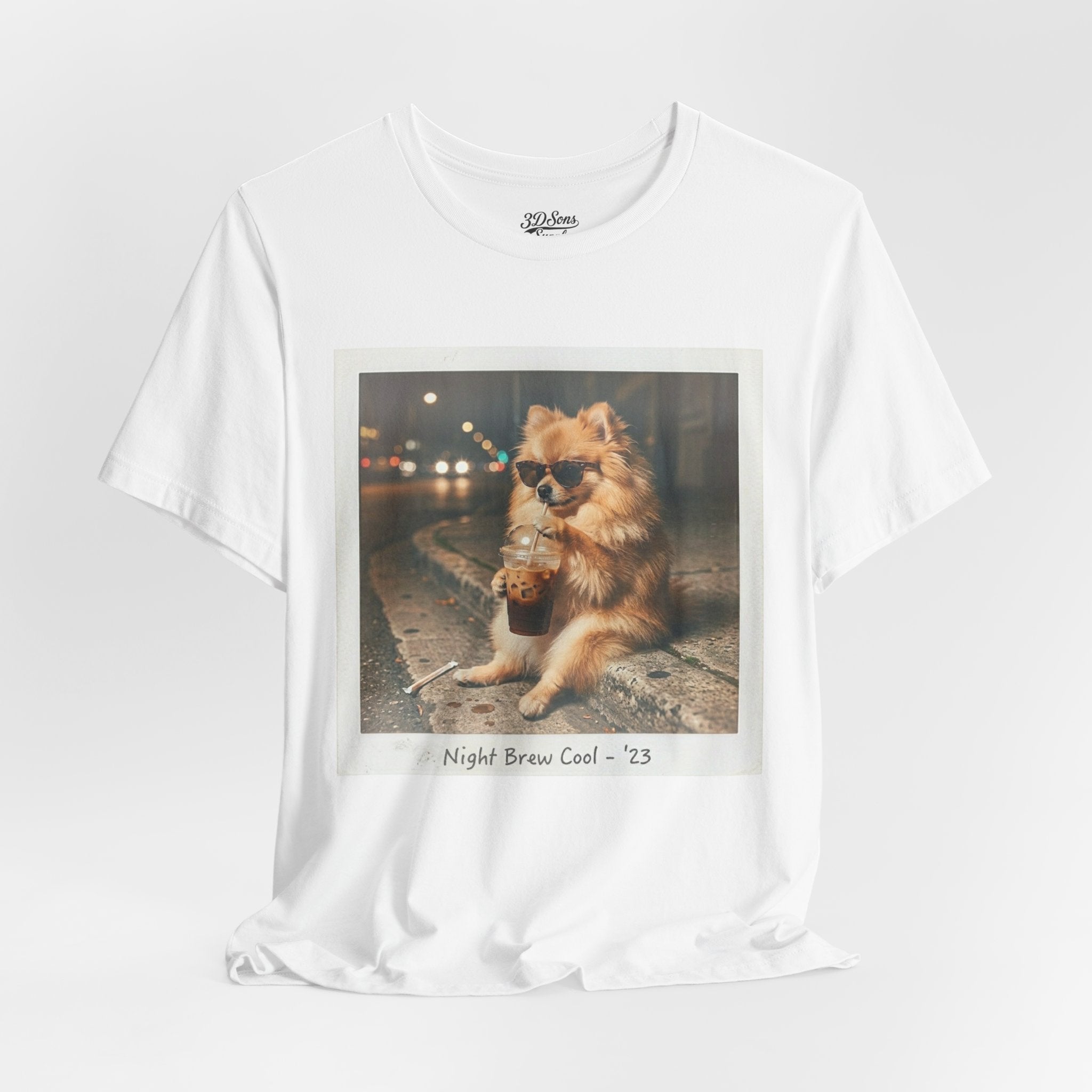 Iced Coffee Night Dog Tee — Late-Night Curb Pomeranian Graphic T-Shirt