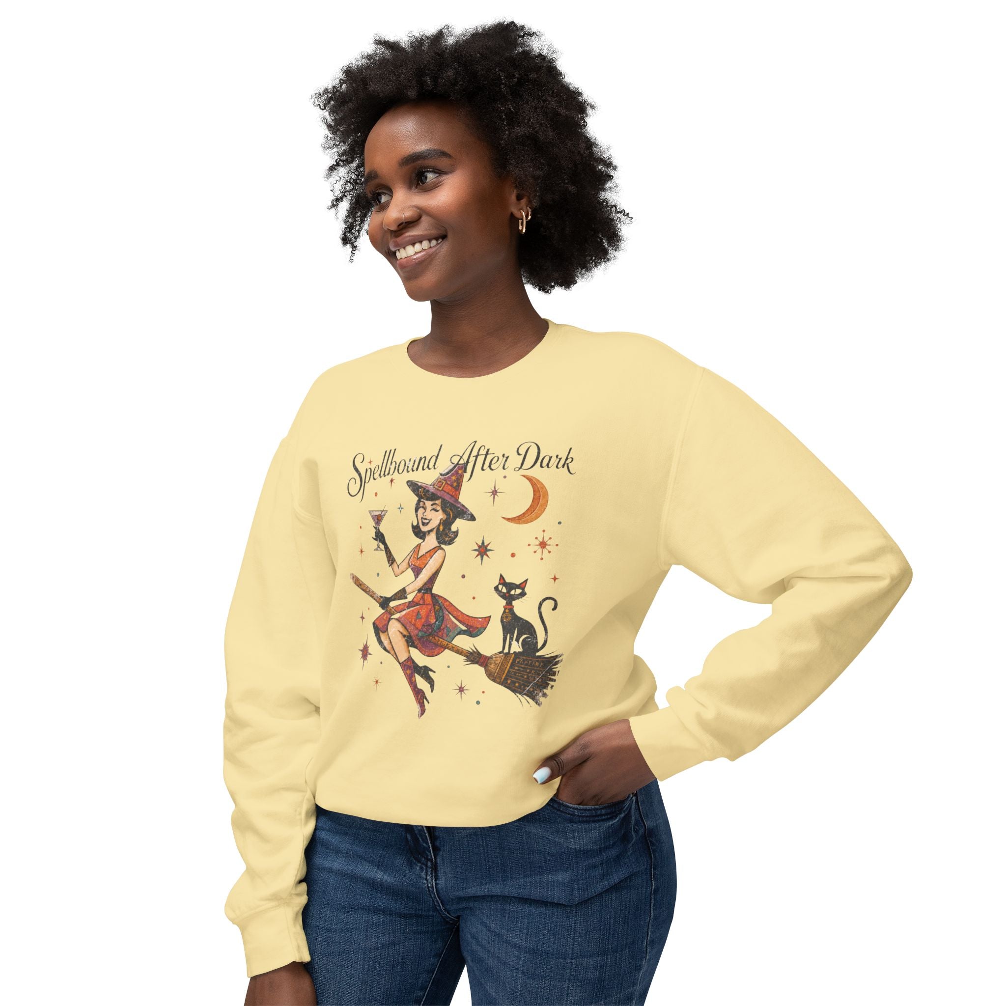 Spellbound After Dark Witch on Broom Sweatshirt | Halloween Cat Moon
