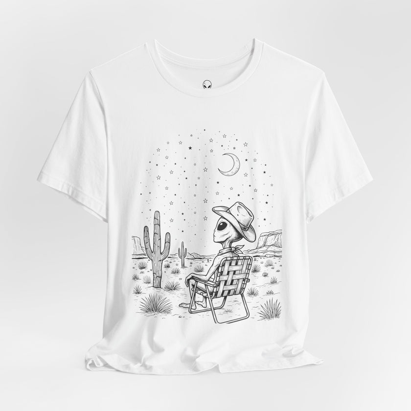 Alien Cowboy Sitting in Desert Tee | Night Sky Lawn Chair