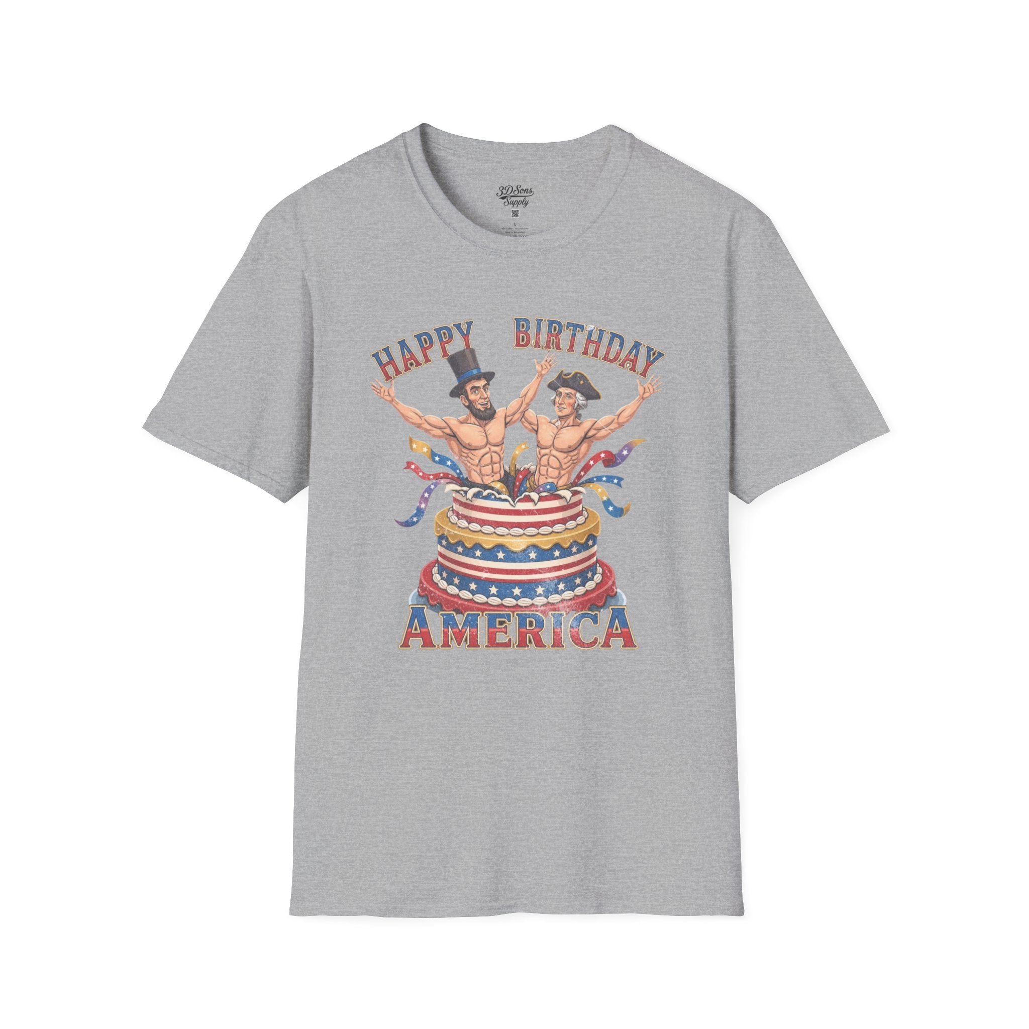 Buff Abraham Lincoln and George Washington Jumping Out of Birthday Cake T-Shirt | 4th of July Patriotic