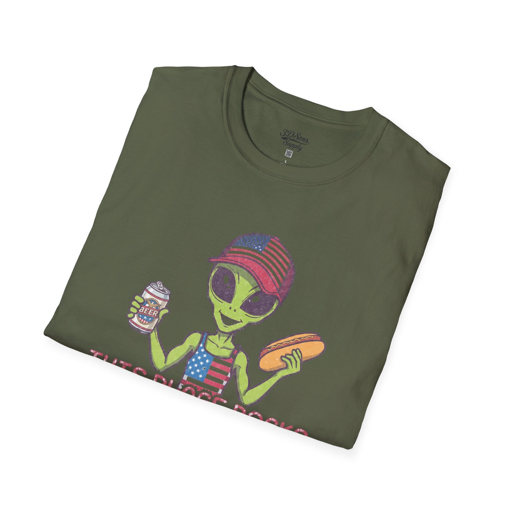 American Alien with Hot Dog and Beer T-Shirt | USA Flag Cap Fourth of July
