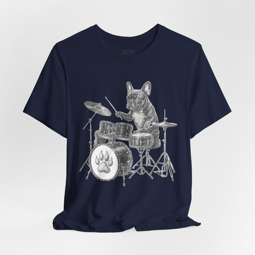 Drumming French Bulldog T-Shirt — Cute Dog Playing Drum Graphic Tee