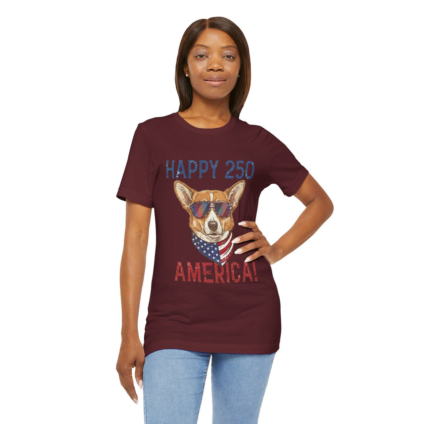 Happy 250 America! Corgi Sunglasses Patriotic Tee