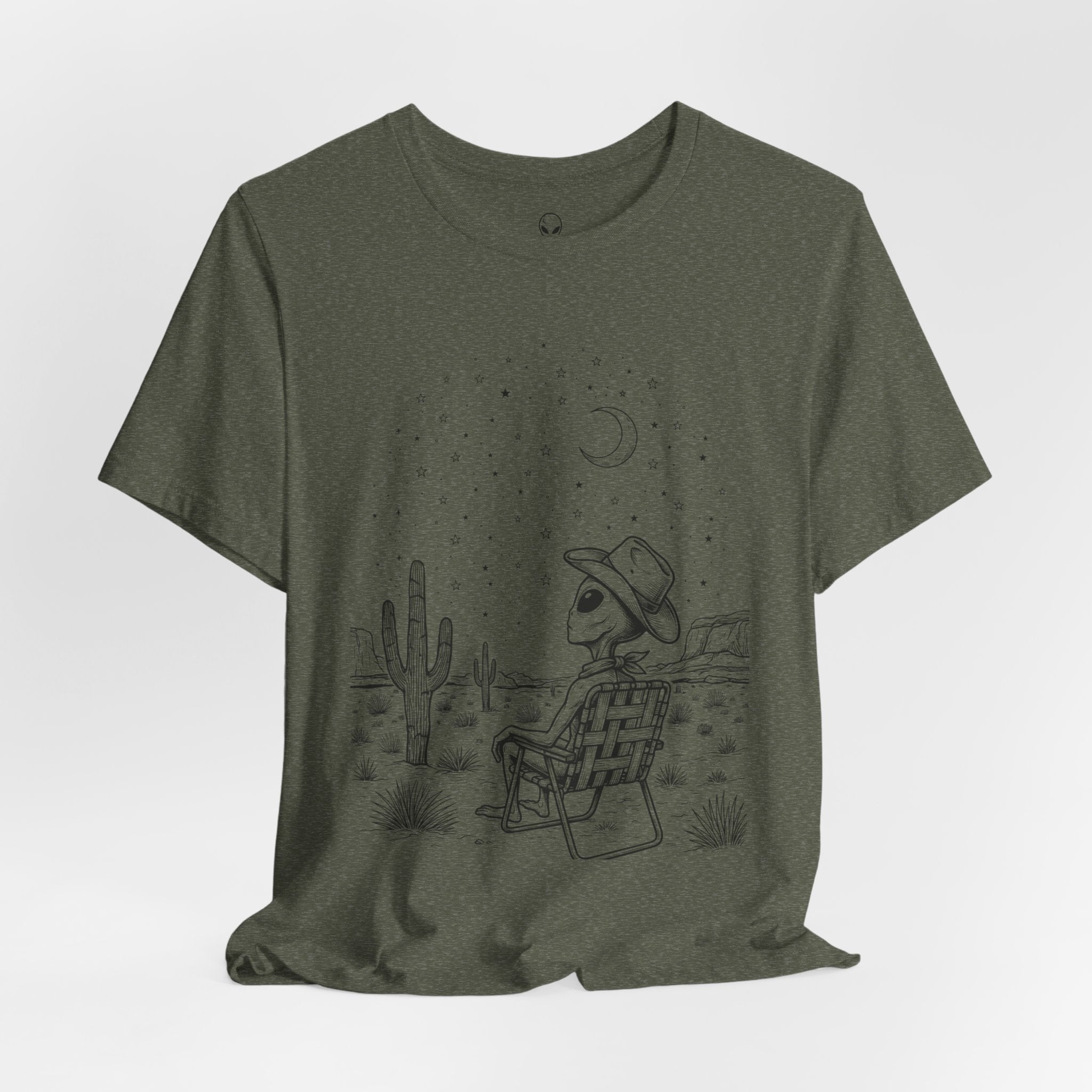 Alien Cowboy Sitting in Desert Tee | Night Sky Lawn Chair