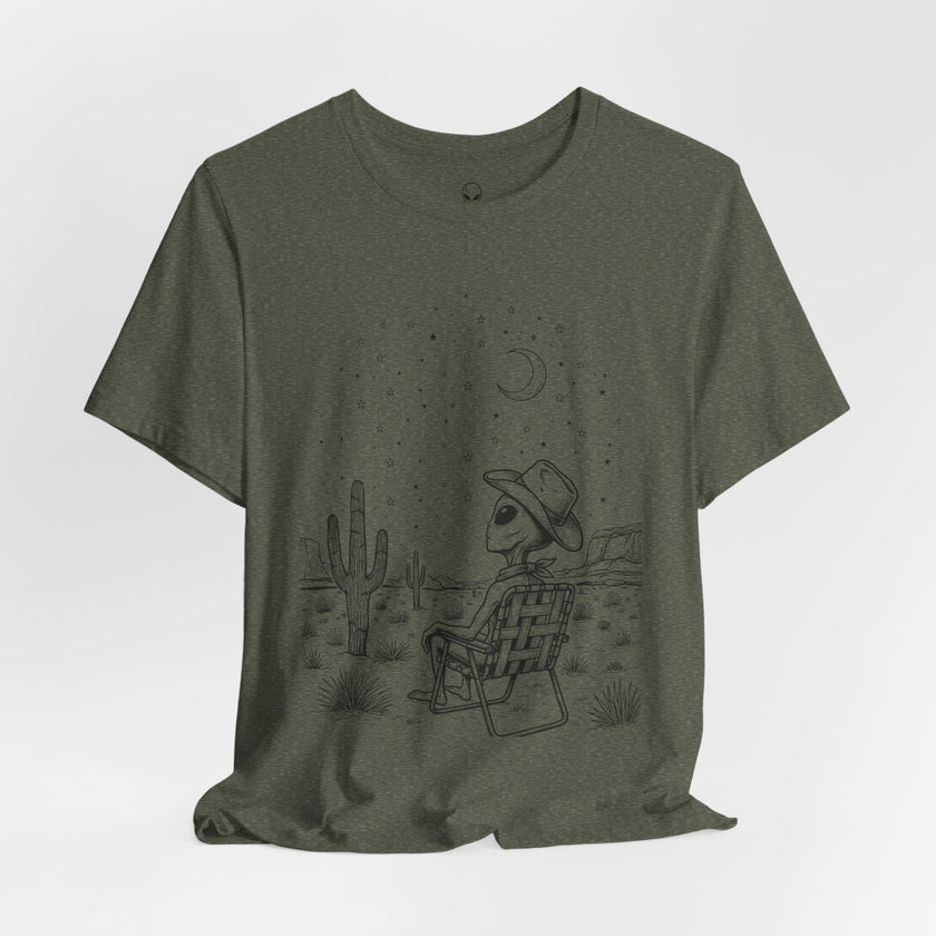 Alien Cowboy Sitting in Desert Tee | Night Sky Lawn Chair