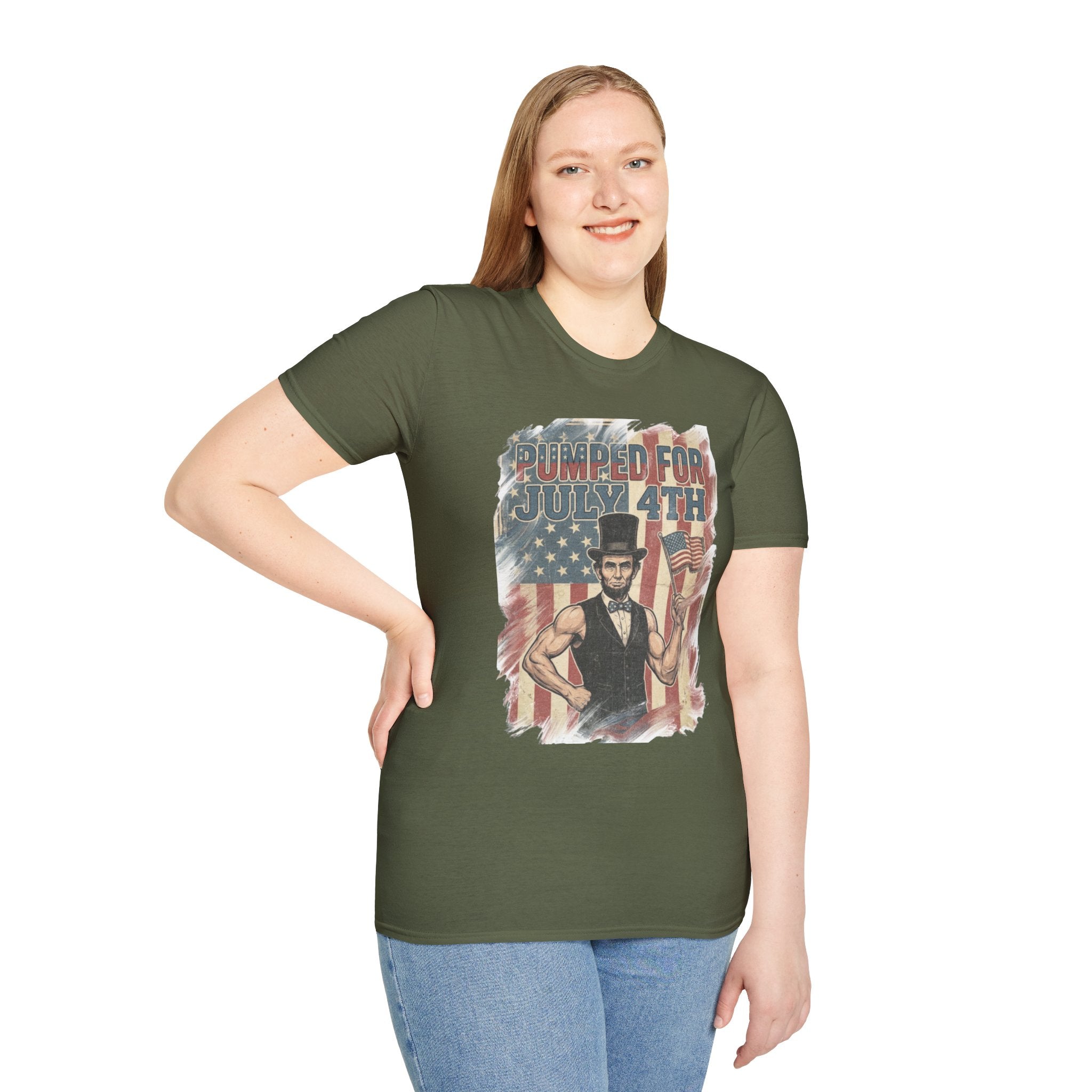 Pumped for July 4th T-Shirt | Patriotic Buff Abraham Lincoln Flag Design