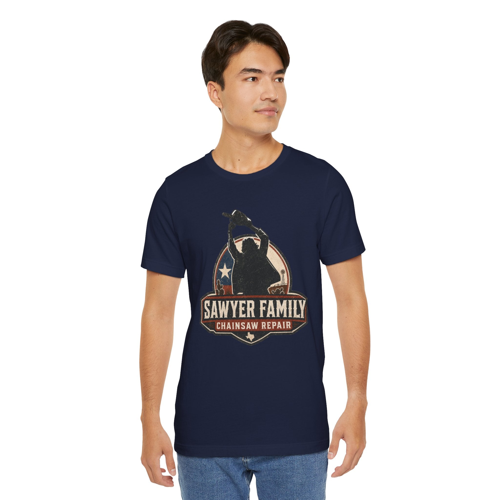 Sawyer Family Chainsaw Repair Graphic Tee — Vintage Horror Movie Logo T-Shirt