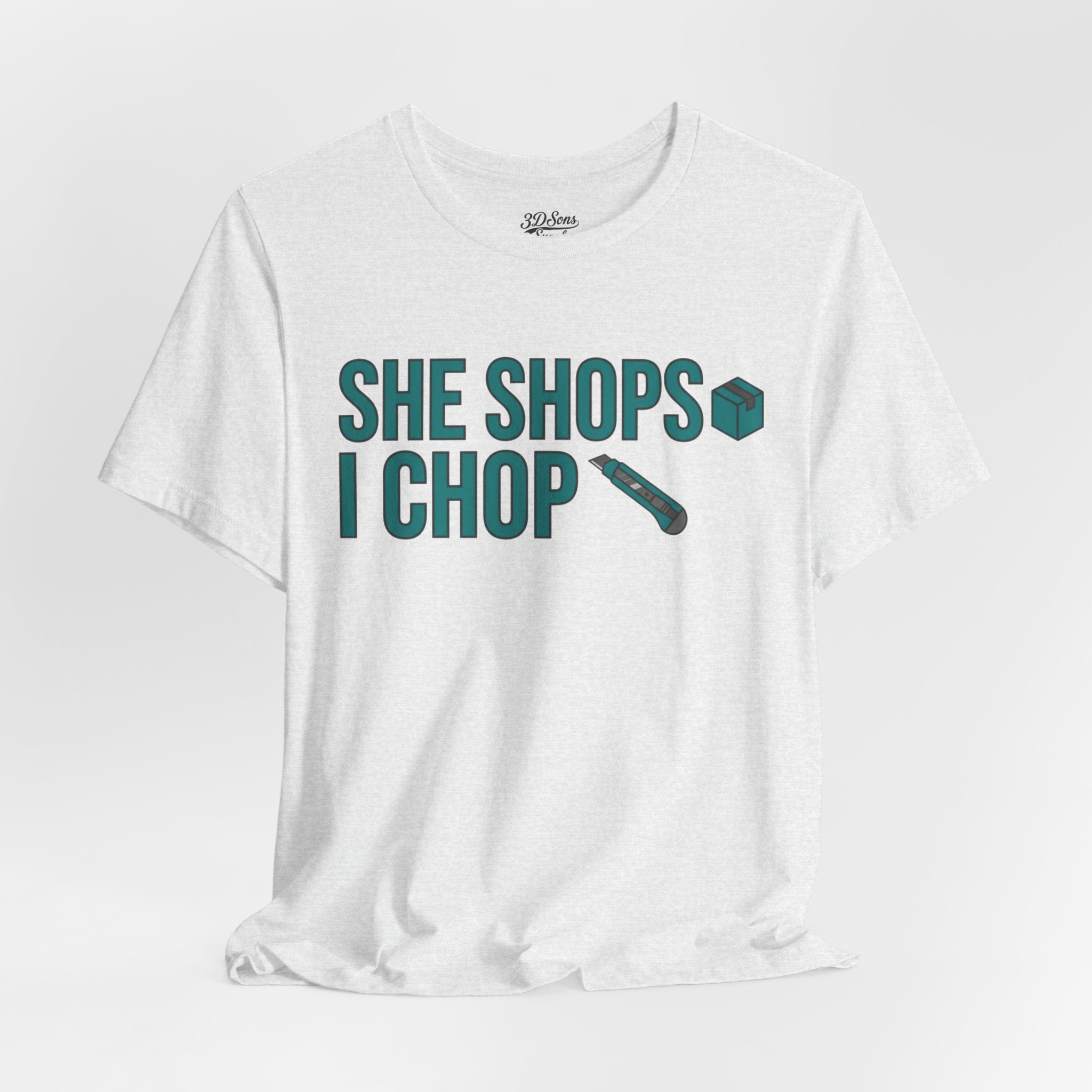 She Shops I Chop Couples T‑Shirt — Funny Husband Wife Gift