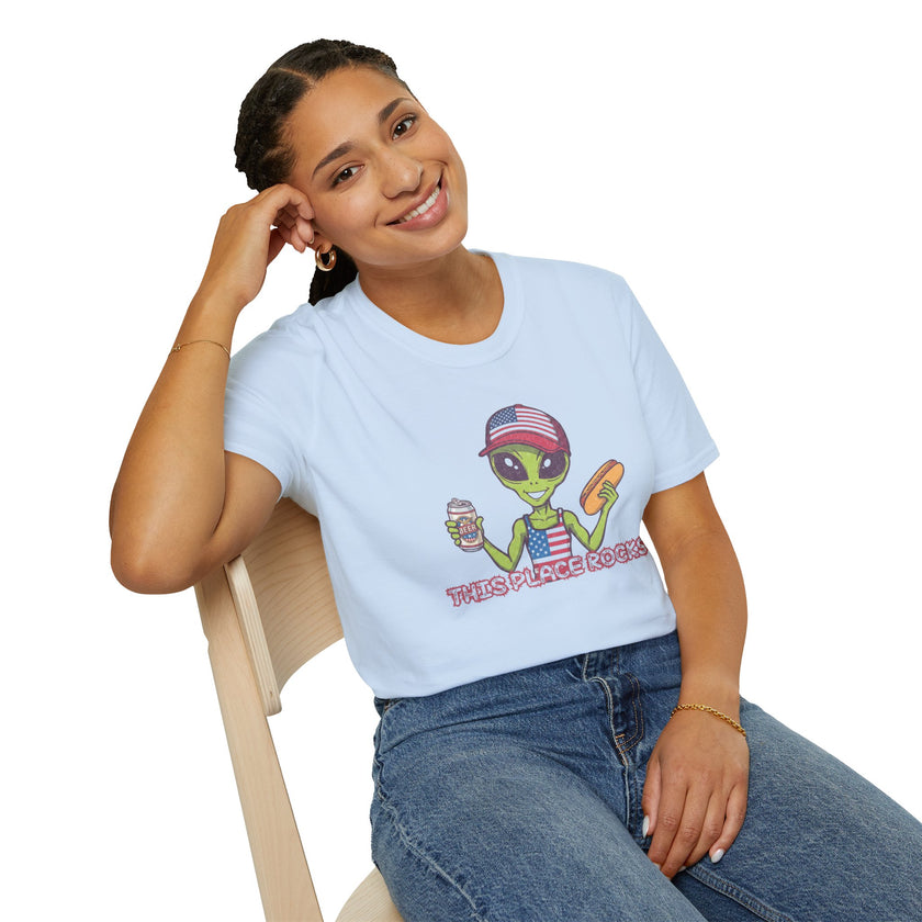 American Alien with Hot Dog and Beer T-Shirt | USA Flag Cap Fourth of July