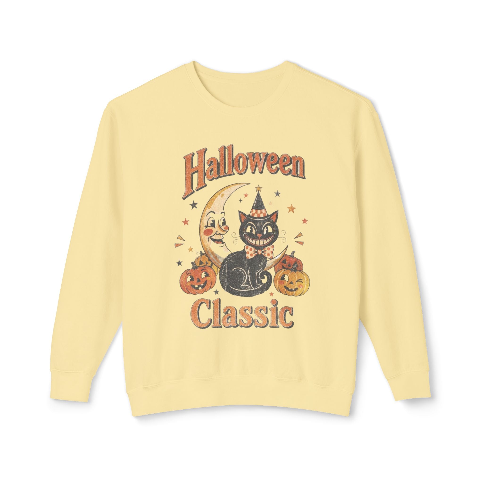 Vintage Halloween Cat Crewneck Sweatshirt | Retro Moon, Pumpkins, Witch Hat