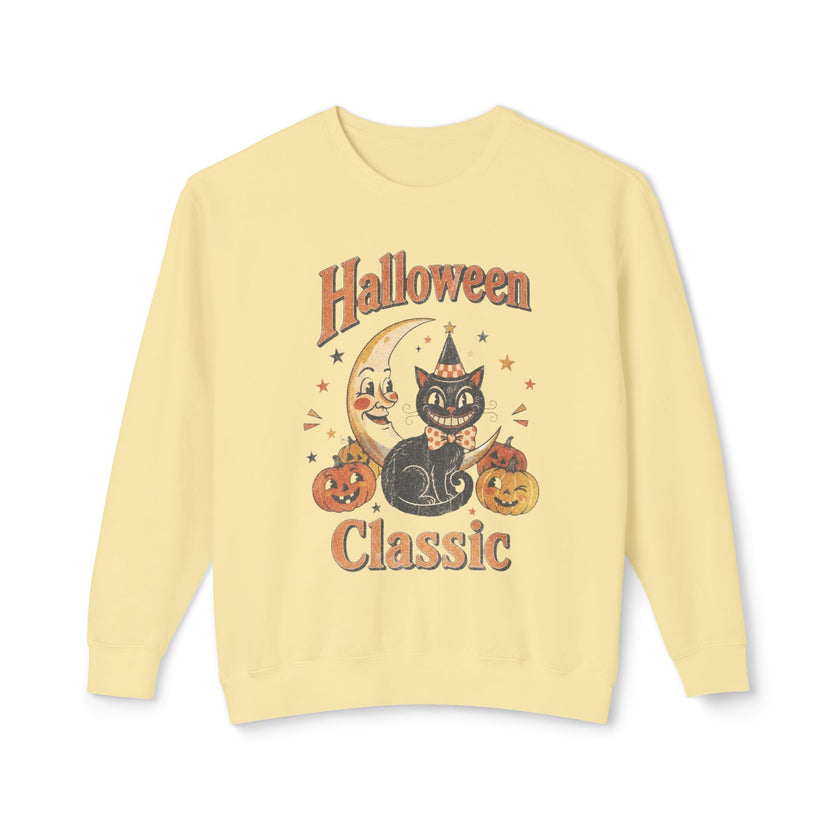 Vintage Halloween Cat Crewneck Sweatshirt | Retro Moon, Pumpkins, Witch Hat