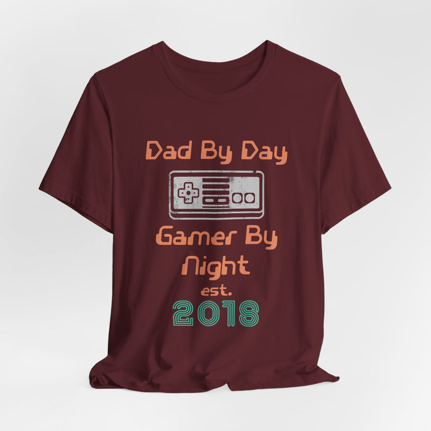 Personalized Dad By Day Gamer By Night T-Shirt — Established 2018 Retro Controller Tee