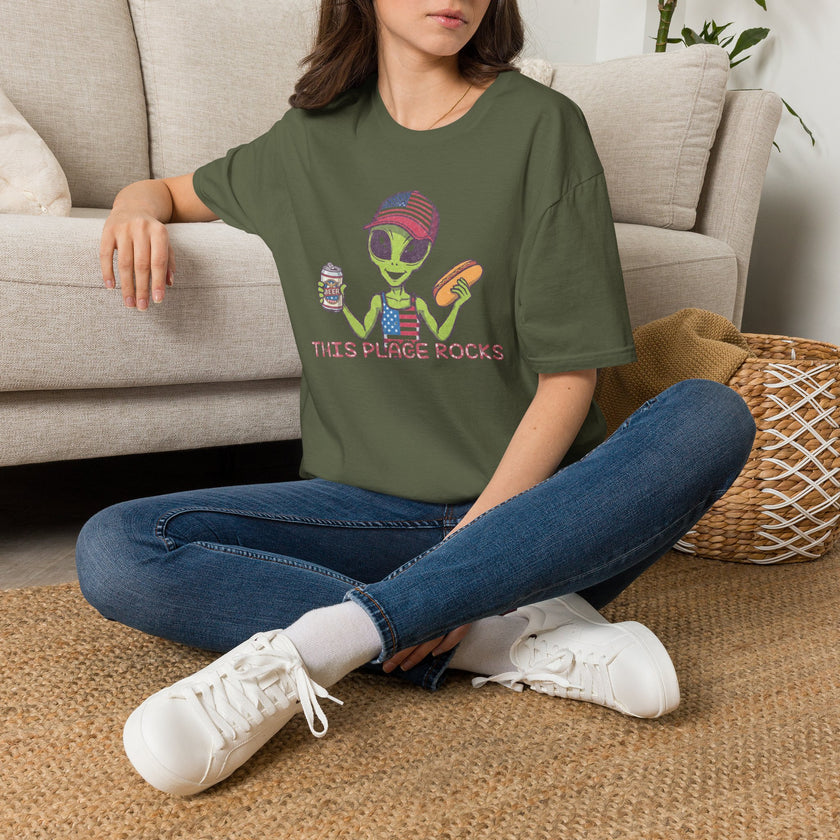 American Alien with Hot Dog and Beer T-Shirt | USA Flag Cap Fourth of July
