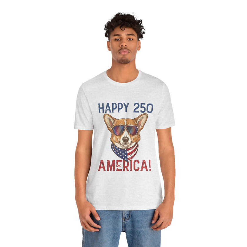 Happy 250 America! Corgi Sunglasses Patriotic Tee