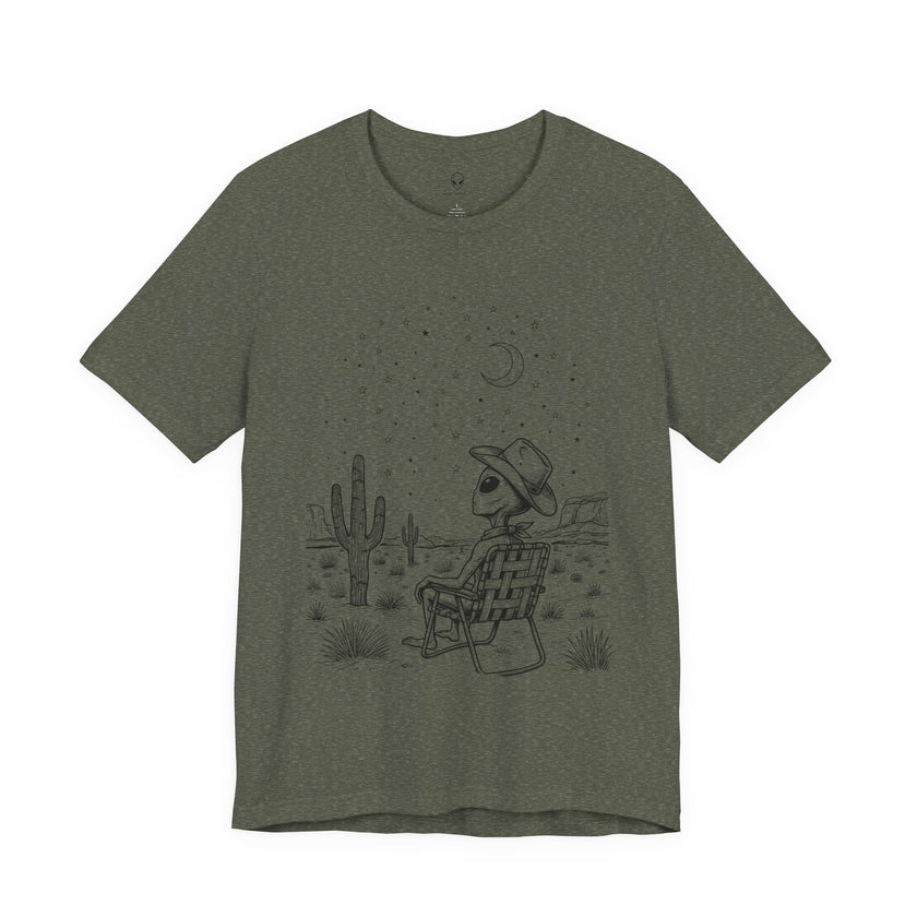 Alien Cowboy Sitting in Desert Tee | Night Sky Lawn Chair
