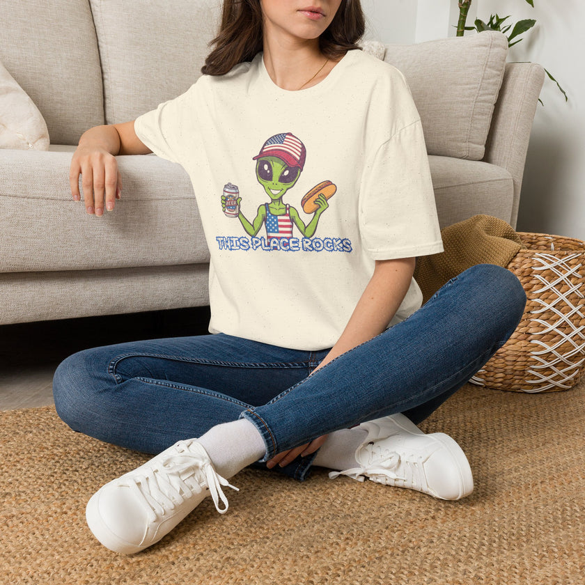 American Alien with Hot Dog and Beer T-Shirt | USA Flag Cap Fourth of July