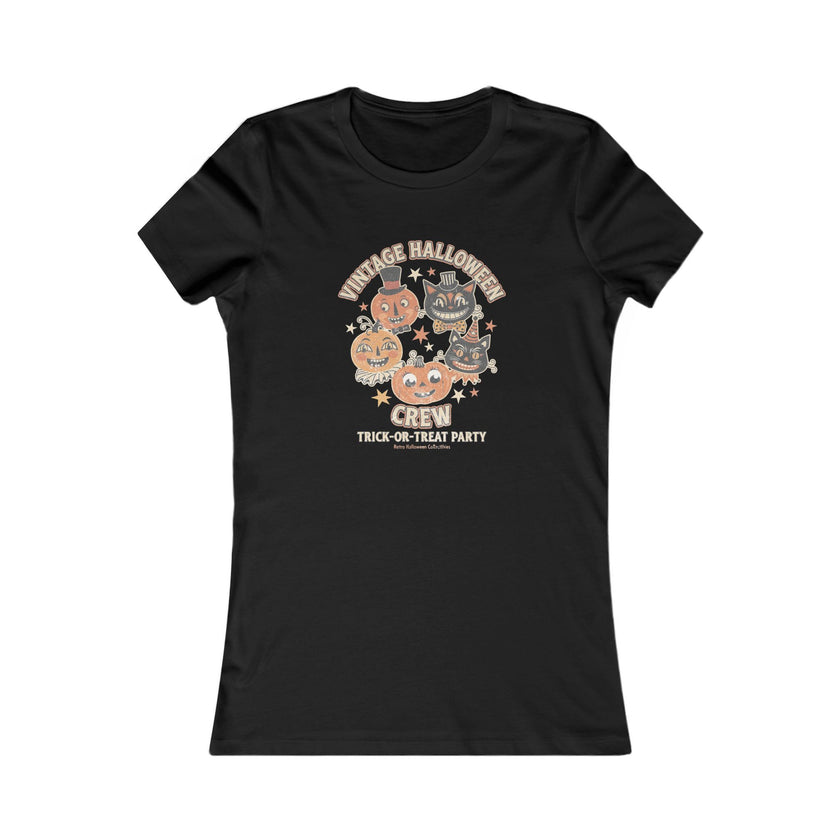 Women's Vintage Halloween Tee - 'Vintage Halloween Crew' Cute Pumpkin & Cat Graphic