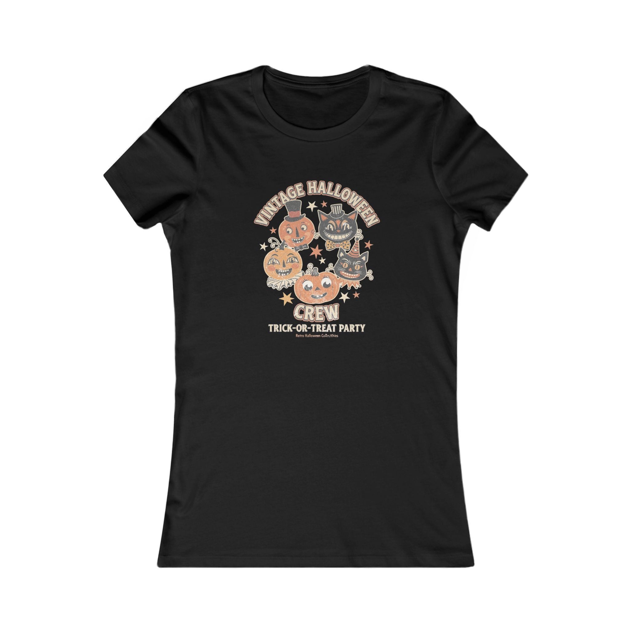 Women's Vintage Halloween Tee - 'Vintage Halloween Crew' Cute Pumpkin & Cat Graphic