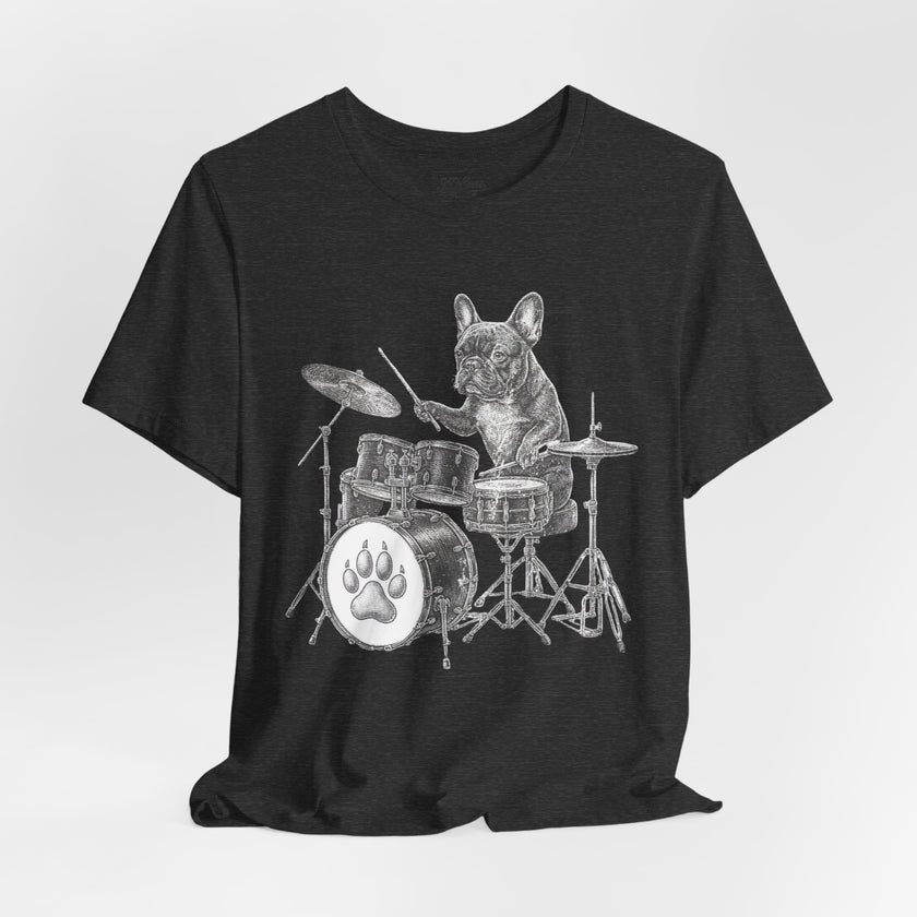 Drumming French Bulldog T-Shirt — Cute Dog Playing Drum Graphic Tee