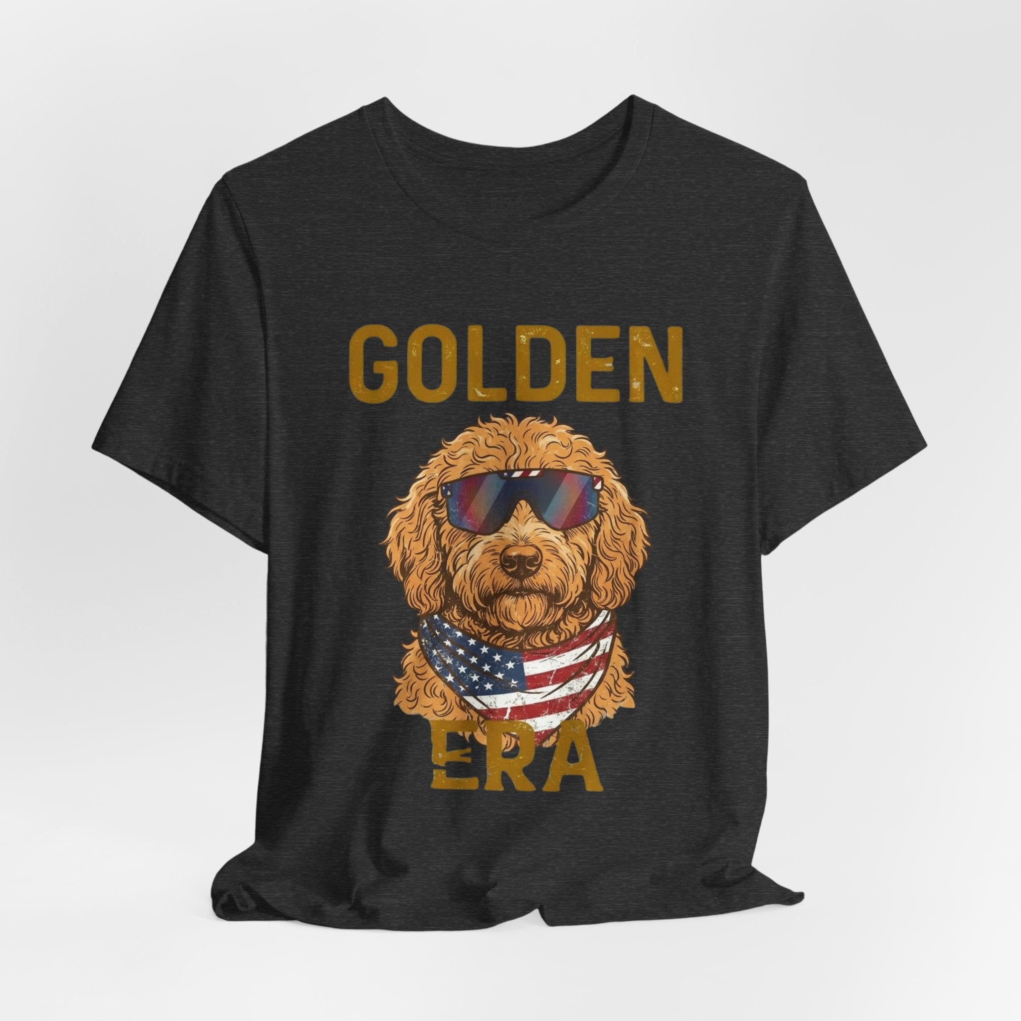 Golden Era Dog T-Shirt – American Flag Doodle with Sunglasses