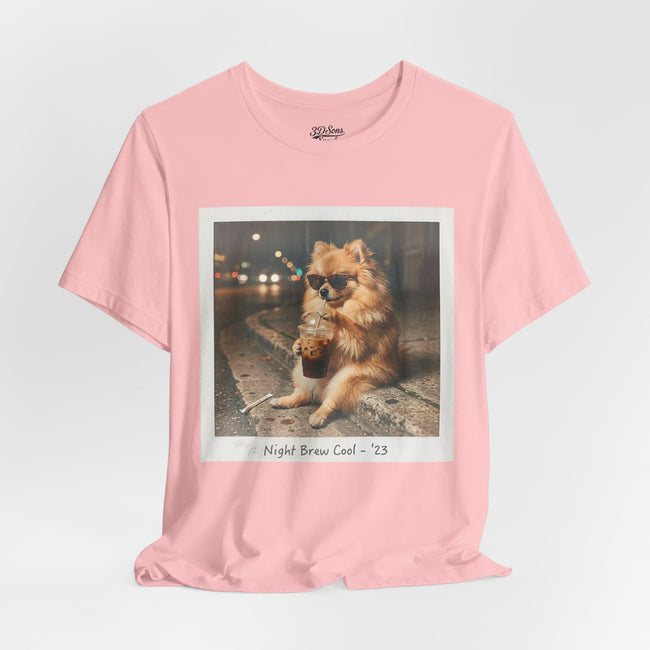 Iced Coffee Night Dog Tee — Late-Night Curb Pomeranian Graphic T-Shirt