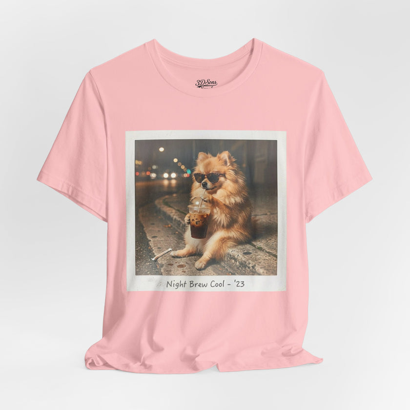 Iced Coffee Night Dog Tee — Late-Night Curb Pomeranian Graphic T-Shirt