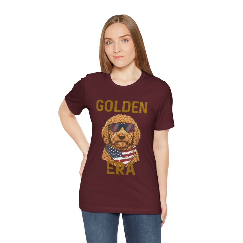 Golden Era Dog T-Shirt – American Flag Doodle with Sunglasses