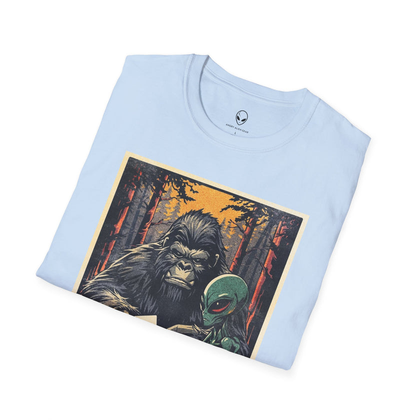Bigfoot & Alien Playing Poker T-Shirt — Funny Cryptid Woods Tee