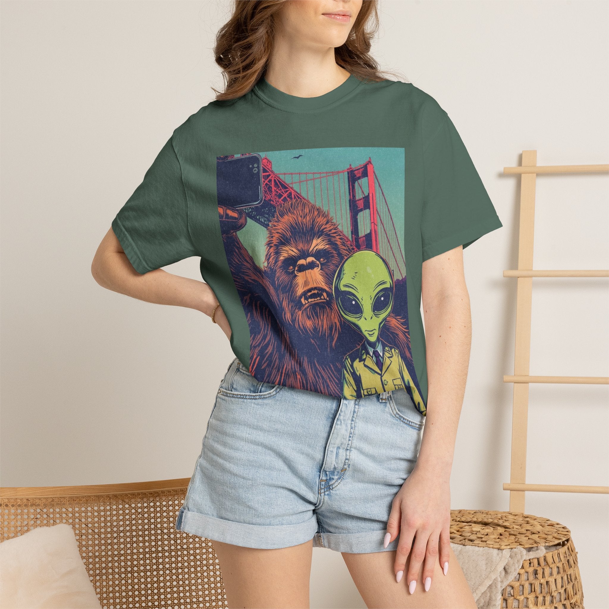Alien & Bigfoot Golden Gate Bridge T-Shirt — San Francisco UFO & Cryptid Tee