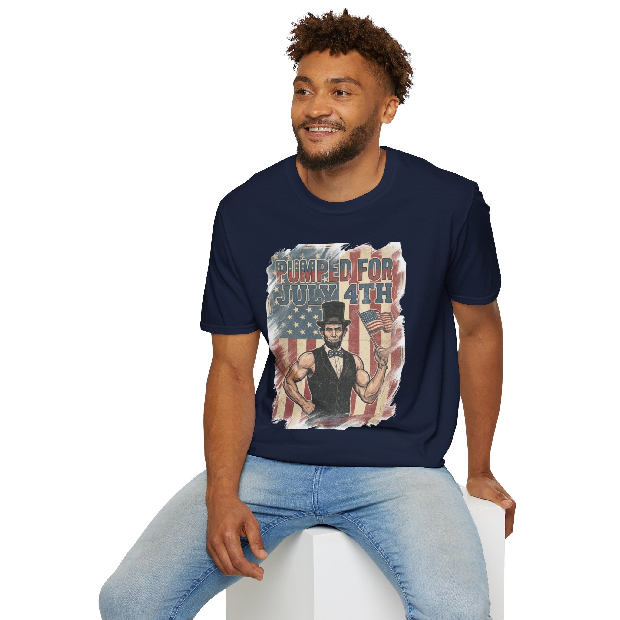 Pumped for July 4th T-Shirt | Patriotic Buff Abraham Lincoln Flag Design