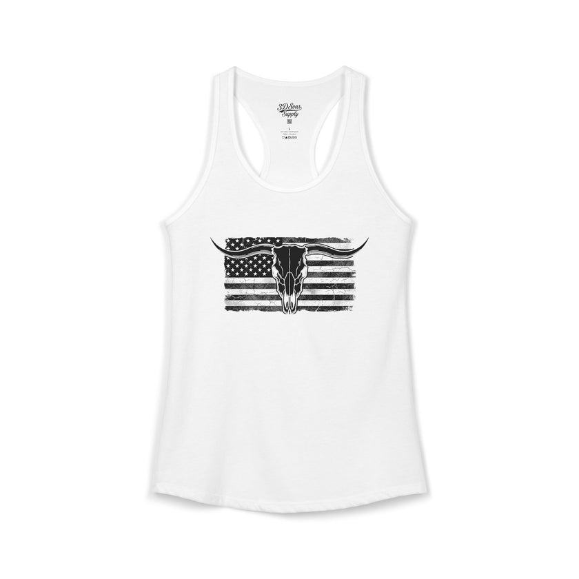 American Flag Longhorn Skull Women's Racerback Tank