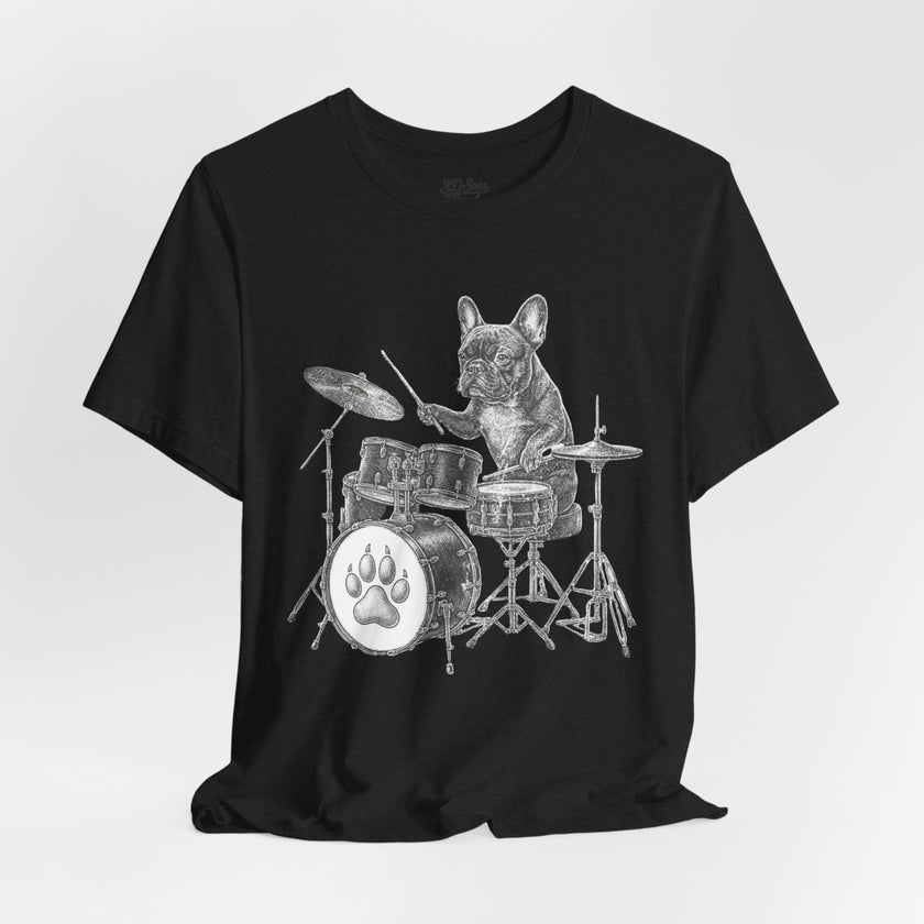 Drumming French Bulldog T-Shirt — Cute Dog Playing Drum Graphic Tee