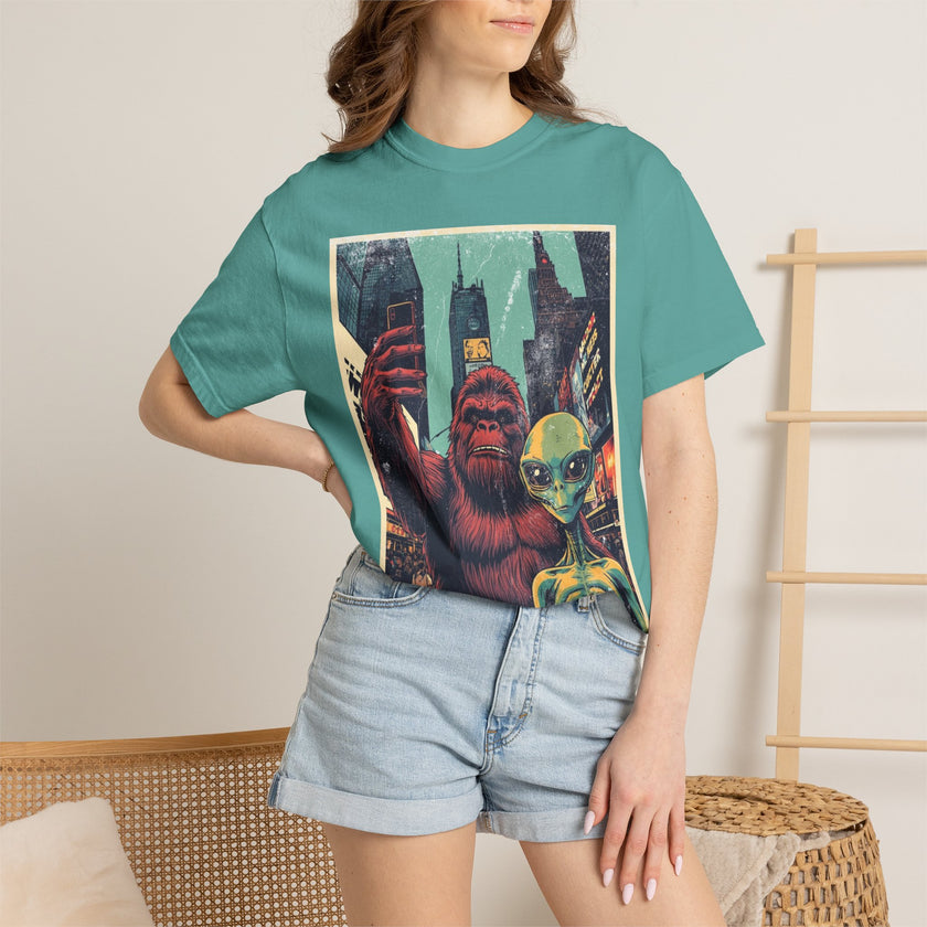 Alien & Bigfoot New York Times Square T-Shirt — Funny Urban Cryptid Tee