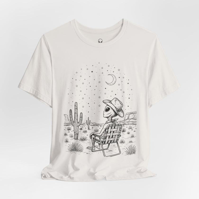 Alien Cowboy Sitting in Desert Tee | Night Sky Lawn Chair