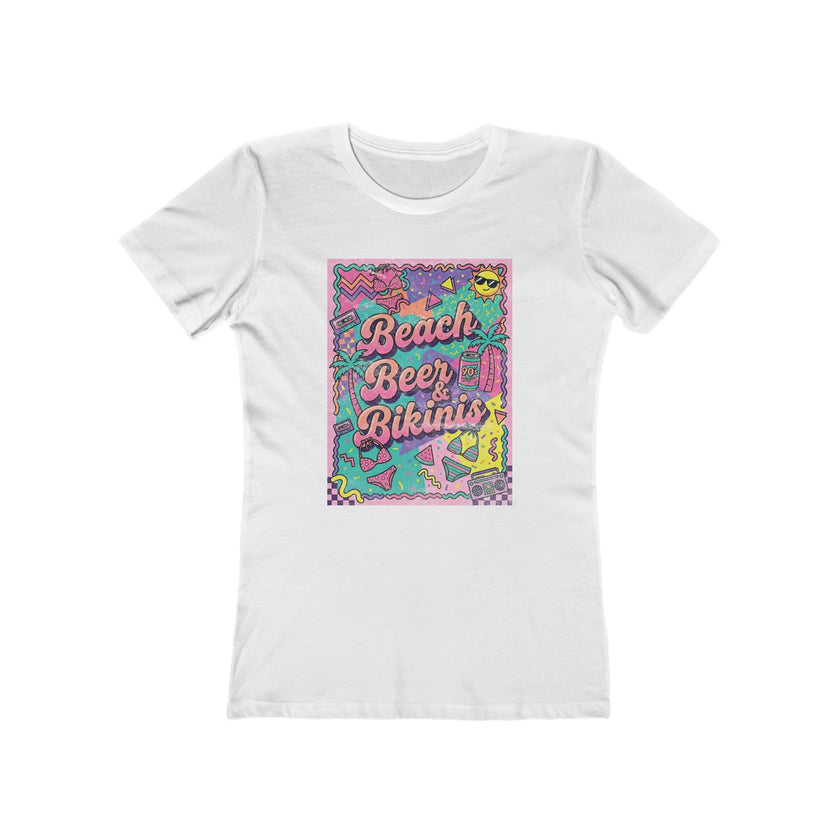 Beach, Beer & Bikinis Boyfriend Tee — Women's Retro Summer Graphic T-Shirt