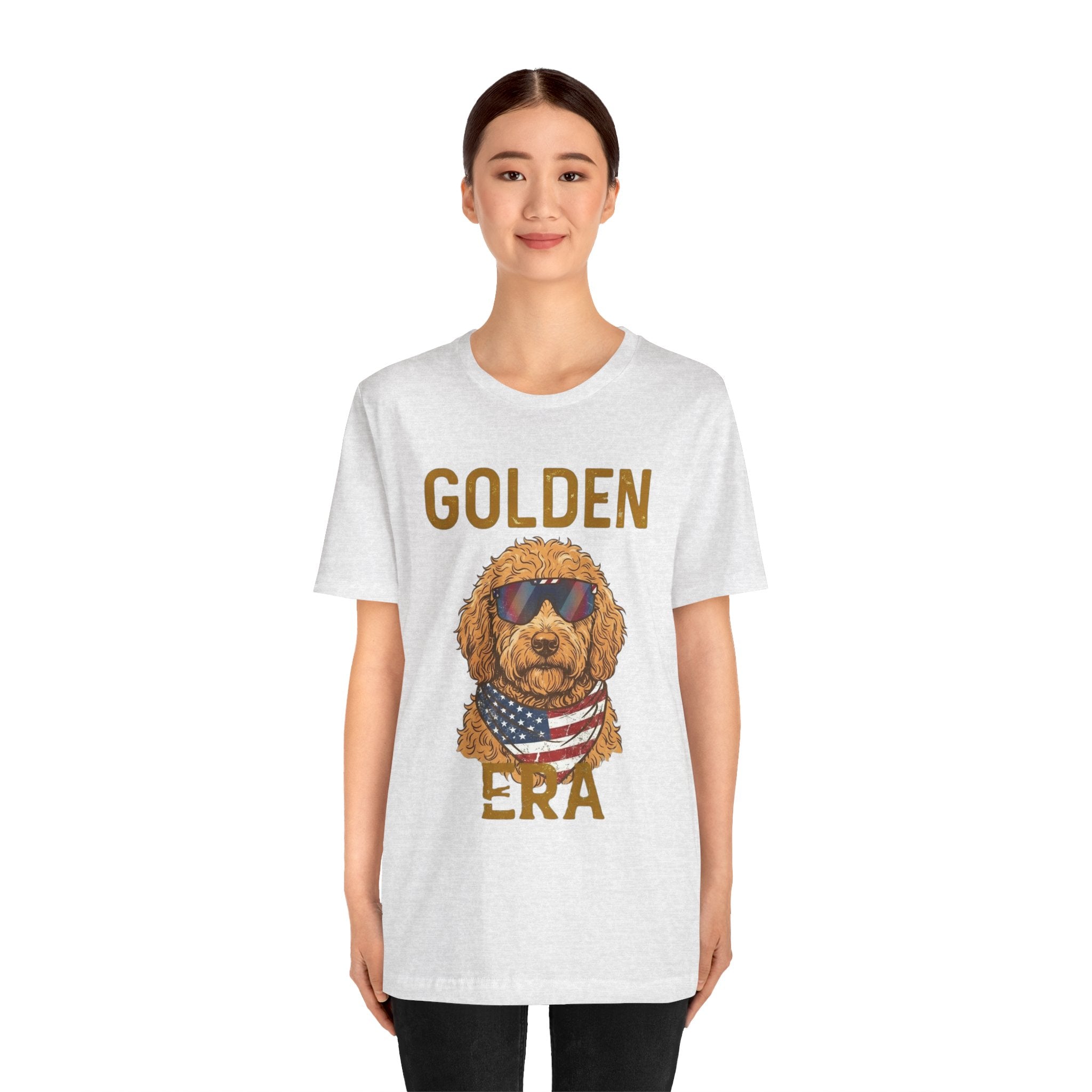Golden Era Dog T-Shirt – American Flag Doodle with Sunglasses
