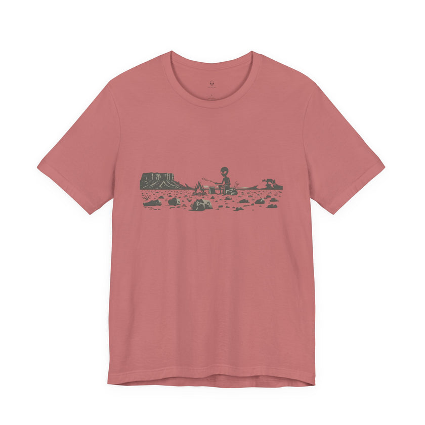 Alien Spaceship Campfire Illustration, Minimalist Landscape