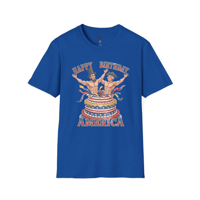 Buff Abraham Lincoln and George Washington Jumping Out of Birthday Cake T-Shirt | 4th of July Patriotic