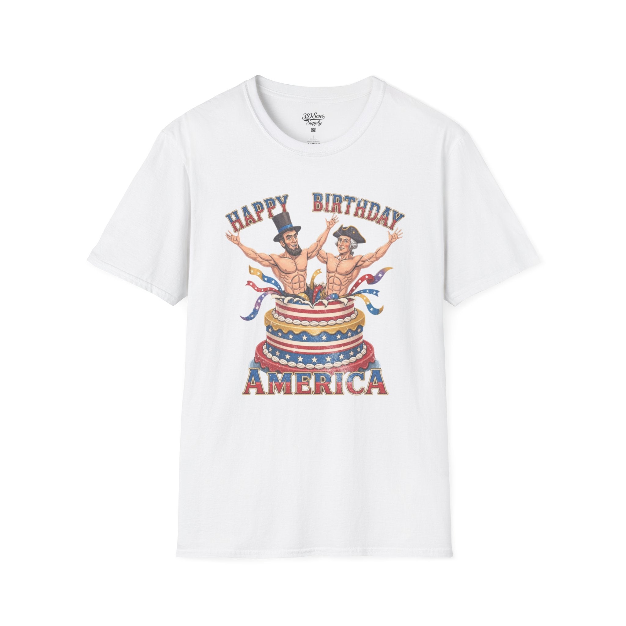 Buff Abraham Lincoln and George Washington Jumping Out of Birthday Cake T-Shirt | 4th of July Patriotic