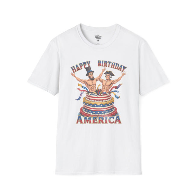 Buff Abraham Lincoln and George Washington Jumping Out of Birthday Cake T-Shirt | 4th of July Patriotic