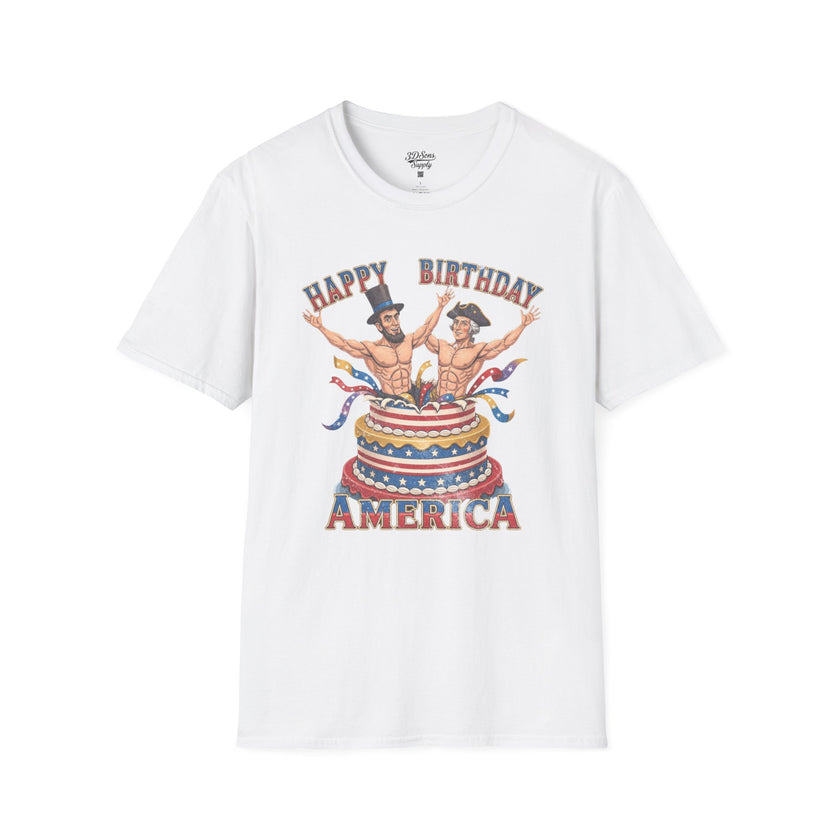 Buff Abraham Lincoln and George Washington Jumping Out of Birthday Cake T-Shirt | 4th of July Patriotic