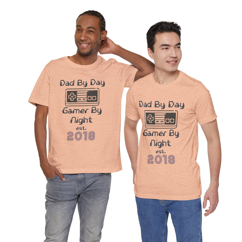 Personalized Dad By Day Gamer By Night T-Shirt — Established 2018 Retro Controller Tee