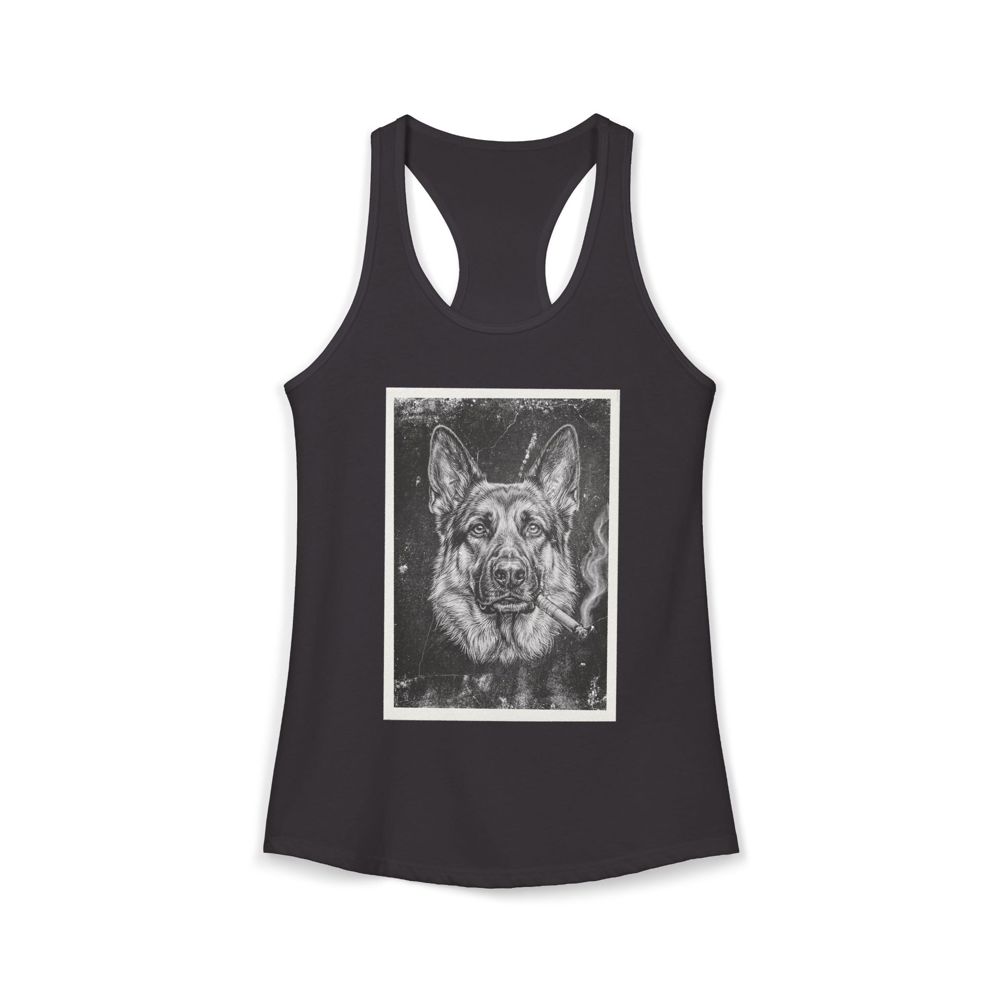 Smoking German Shepard Photo Racerback Tank — Vintage Pup Graphic