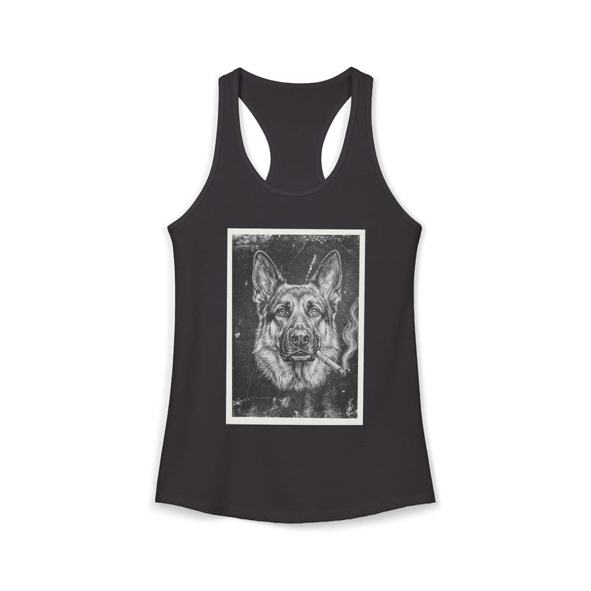 Smoking German Shepard Photo Racerback Tank — Vintage Pup Graphic