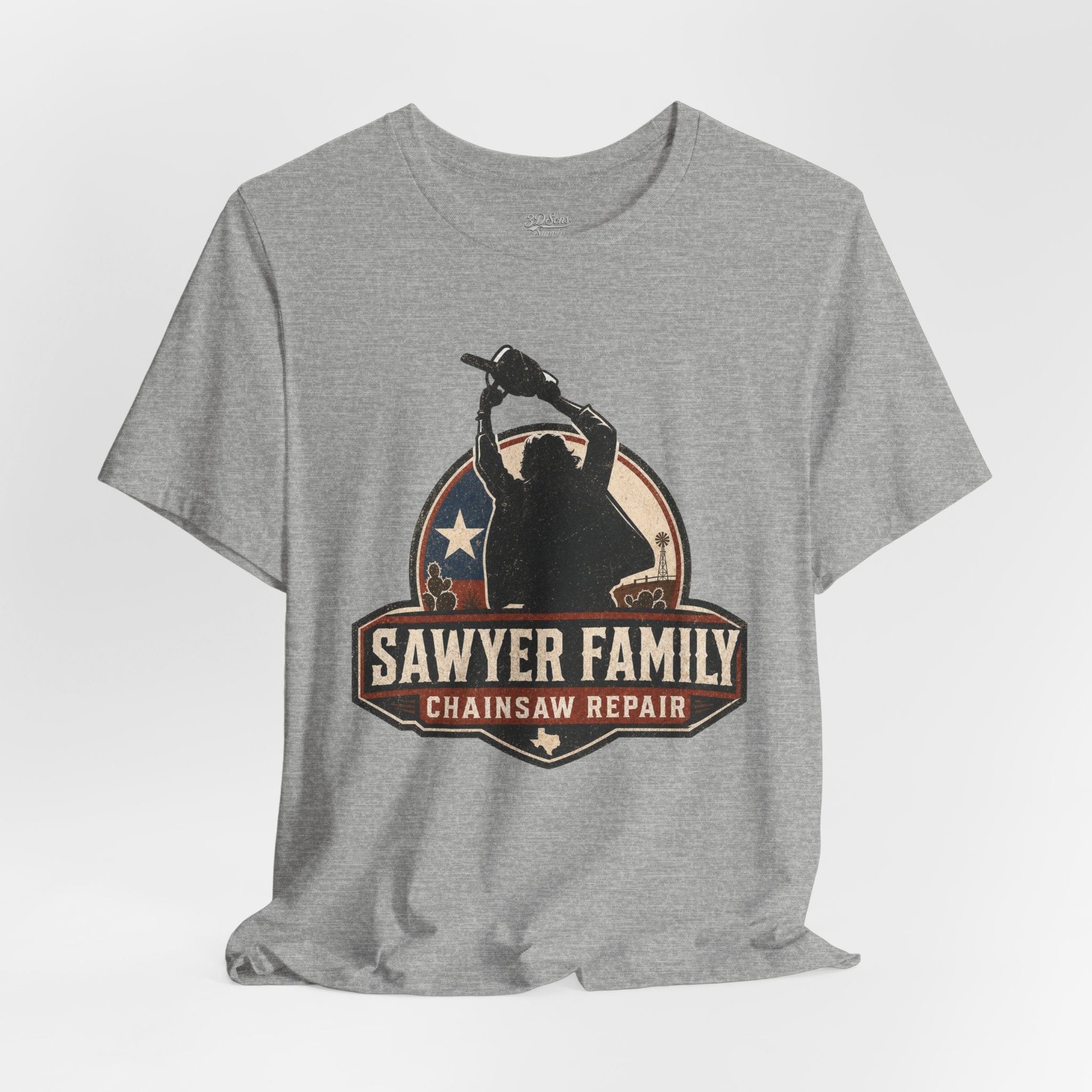 Sawyer Family Chainsaw Repair Graphic Tee — Vintage Horror Movie Logo T-Shirt